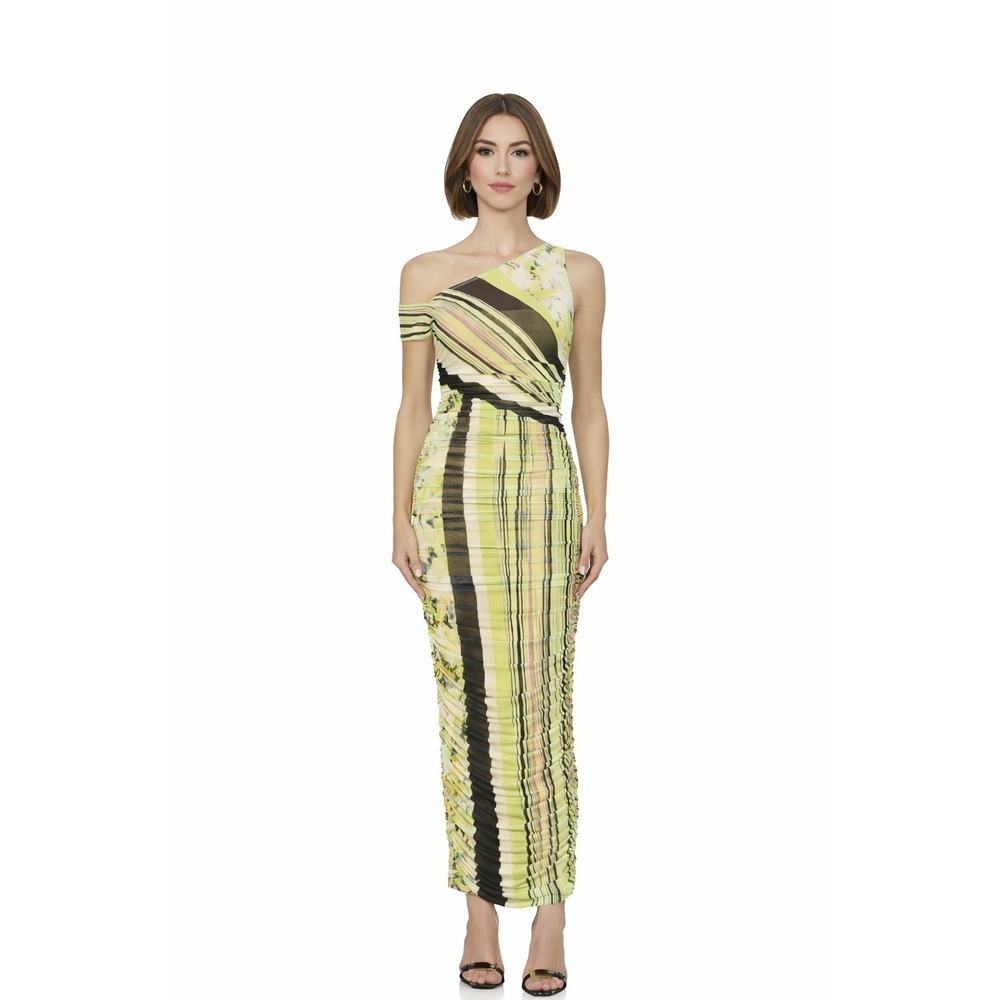 AFRM Biona Sheer Mesh Bodycon Ruched Dress Wing Stripe Lime Green Medium